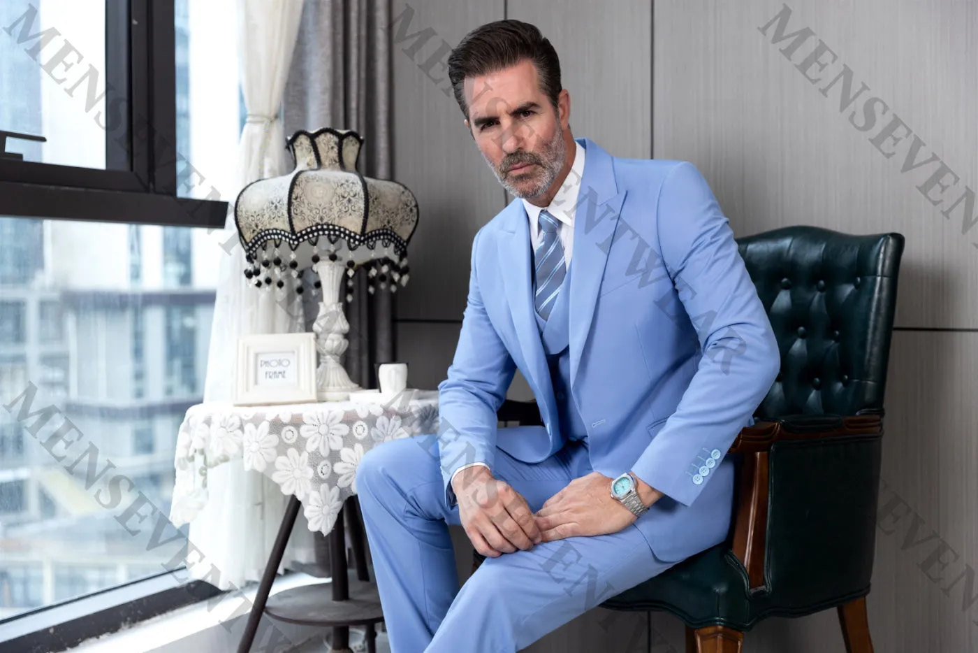 3 Piece Mens Suit Slim Fit Solid Peak lapel Suit (Blazer Vest Pants)