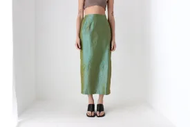 90s Metallic Green Crinkle Taffeta High Waist Column Midi Skirt