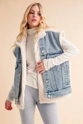 Aemi   Co 2-Piece Faux Denim Patch Sherpa Vest Coat