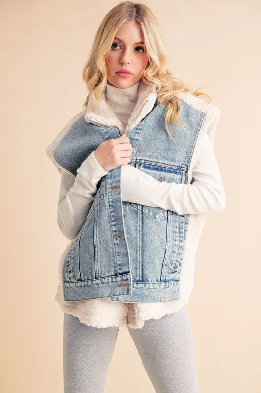 Aemi   Co 2-Piece Faux Denim Patch Sherpa Vest Coat