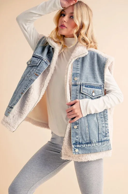 Aemi   Co 2-Piece Faux Denim Patch Sherpa Vest Coat