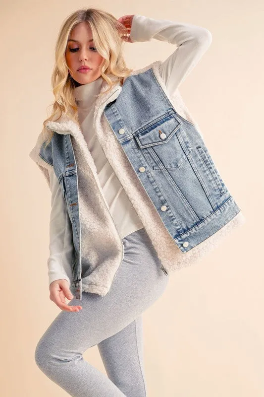 Aemi   Co 2-Piece Faux Denim Patch Sherpa Vest Coat