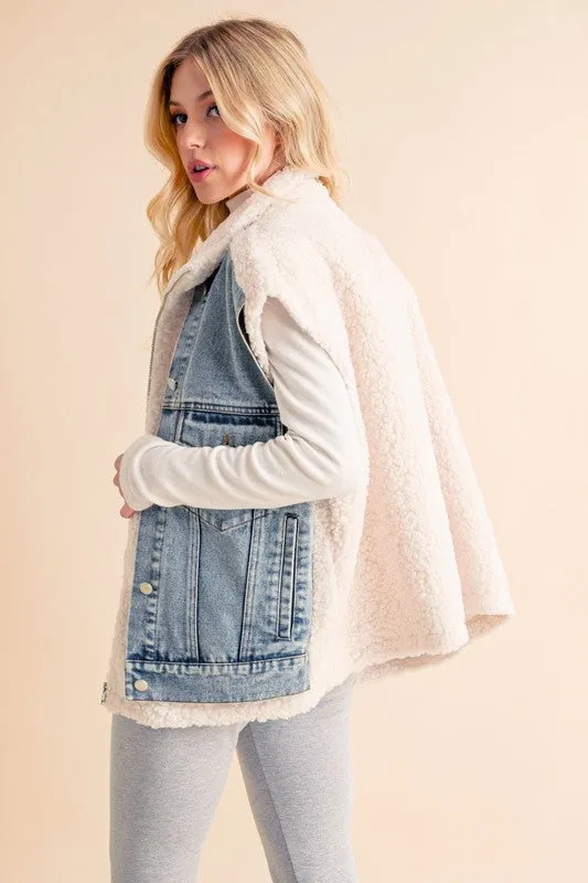 Aemi   Co 2-Piece Faux Denim Patch Sherpa Vest Coat