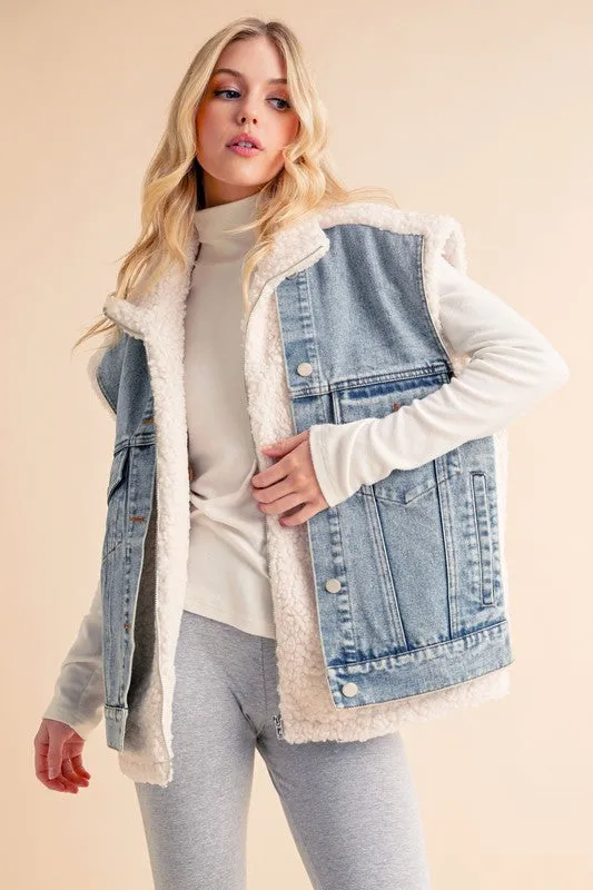 Aemi   Co 2-Piece Faux Denim Patch Sherpa Vest Coat