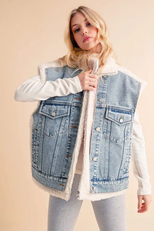 Aemi   Co 2-Piece Faux Denim Patch Sherpa Vest Coat