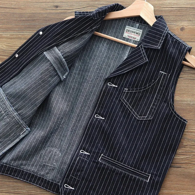 Aidase Vintage Vertical Striped Denim Vest for Men Feel Hard American Casual Multi Pockets 100% Cotton Indigo Washed Suit Vest