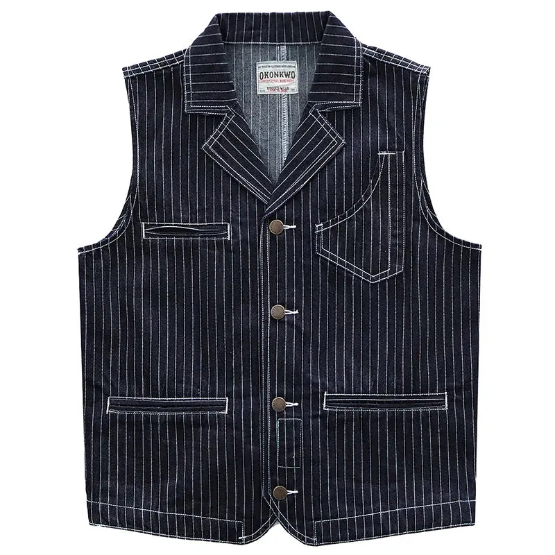 Aidase Vintage Vertical Striped Denim Vest for Men Feel Hard American Casual Multi Pockets 100% Cotton Indigo Washed Suit Vest