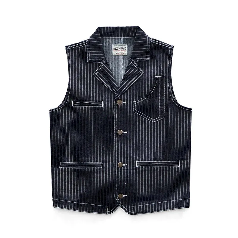 Aidase Vintage Vertical Striped Denim Vest for Men Feel Hard American Casual Multi Pockets 100% Cotton Indigo Washed Suit Vest