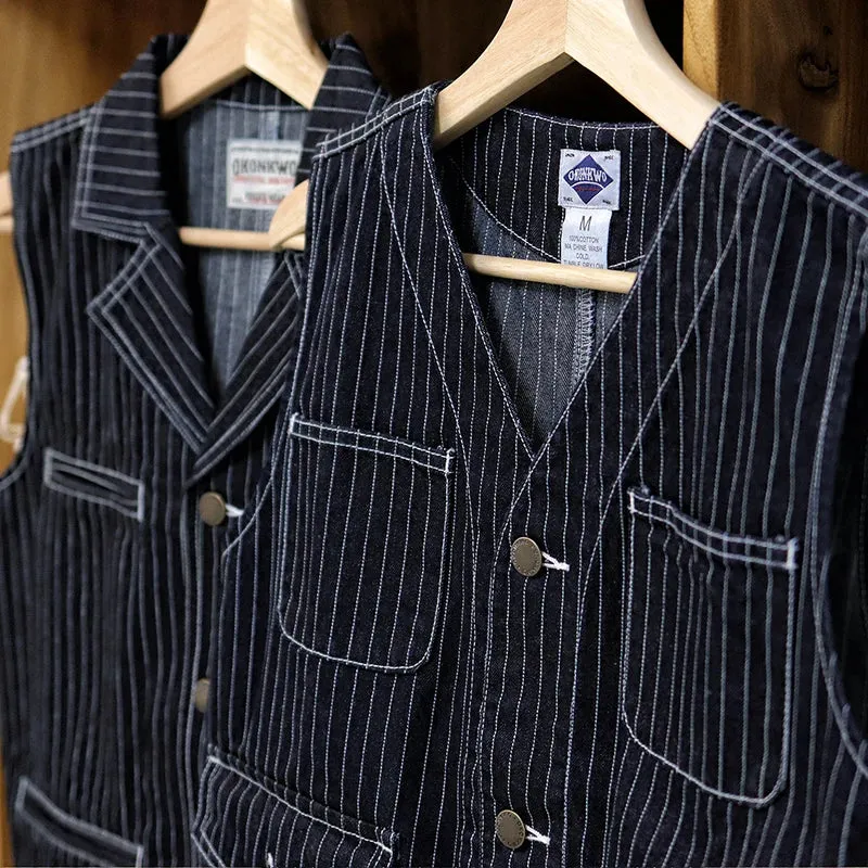 Aidase Vintage Vertical Striped Denim Vest for Men Feel Hard American Casual Multi Pockets 100% Cotton Indigo Washed Suit Vest