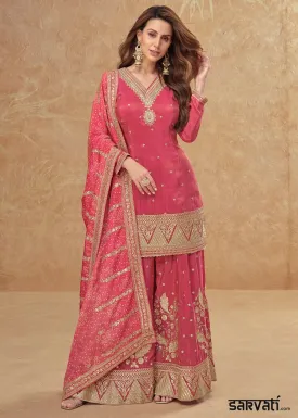 Amaranth Pink Embellished Simar Silk Palazzo Suit