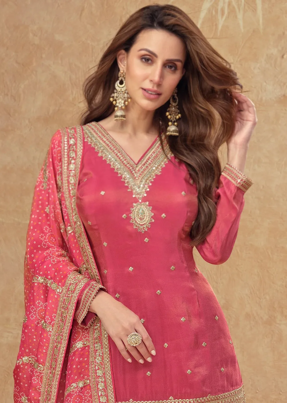Amaranth Pink Embellished Simar Silk Palazzo Suit