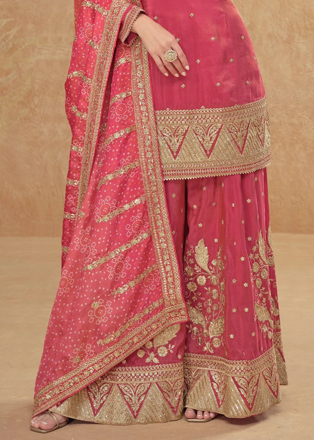 Amaranth Pink Embellished Simar Silk Palazzo Suit