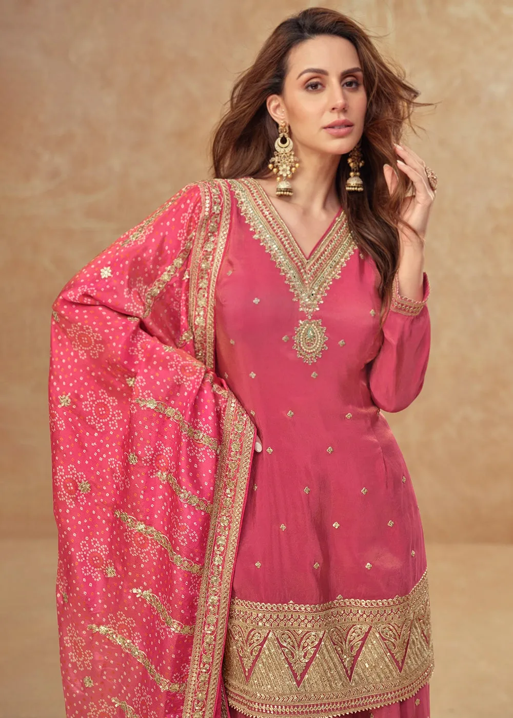 Amaranth Pink Embellished Simar Silk Palazzo Suit
