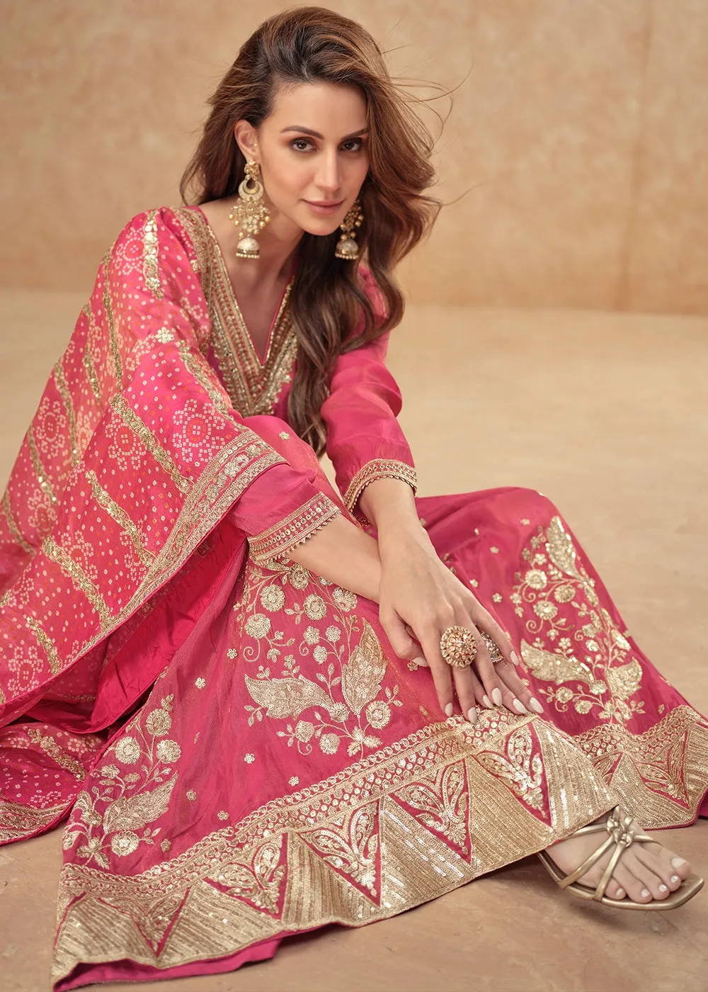 Amaranth Pink Embellished Simar Silk Palazzo Suit