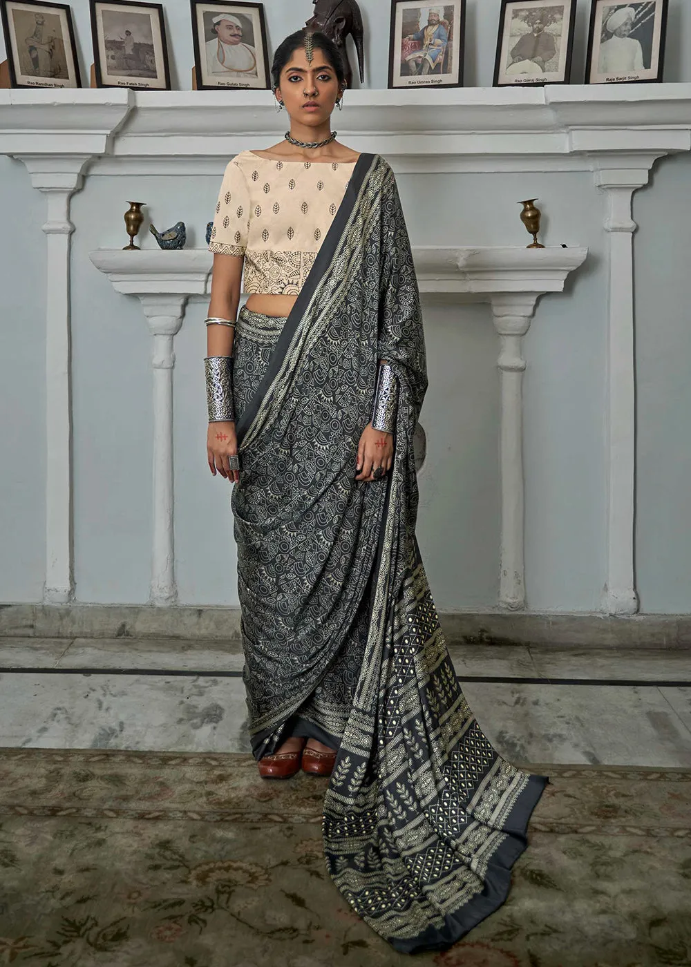 Ash Grey Digital Printed Gajji Silk Saree Featuring Embroidered Blouse