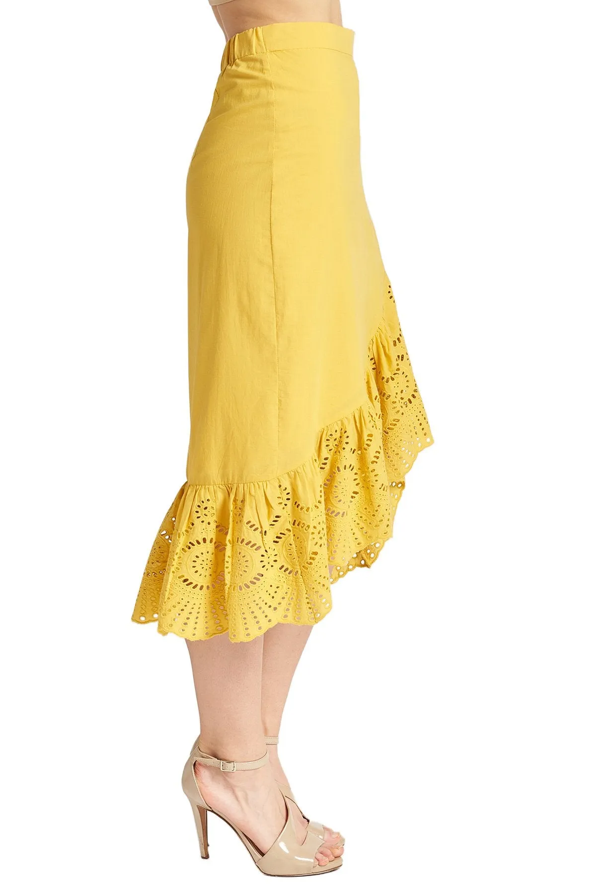 Aster Skirt - Cotton Eyelet Asymmetric Hi-Lo Skirt (Marigold)