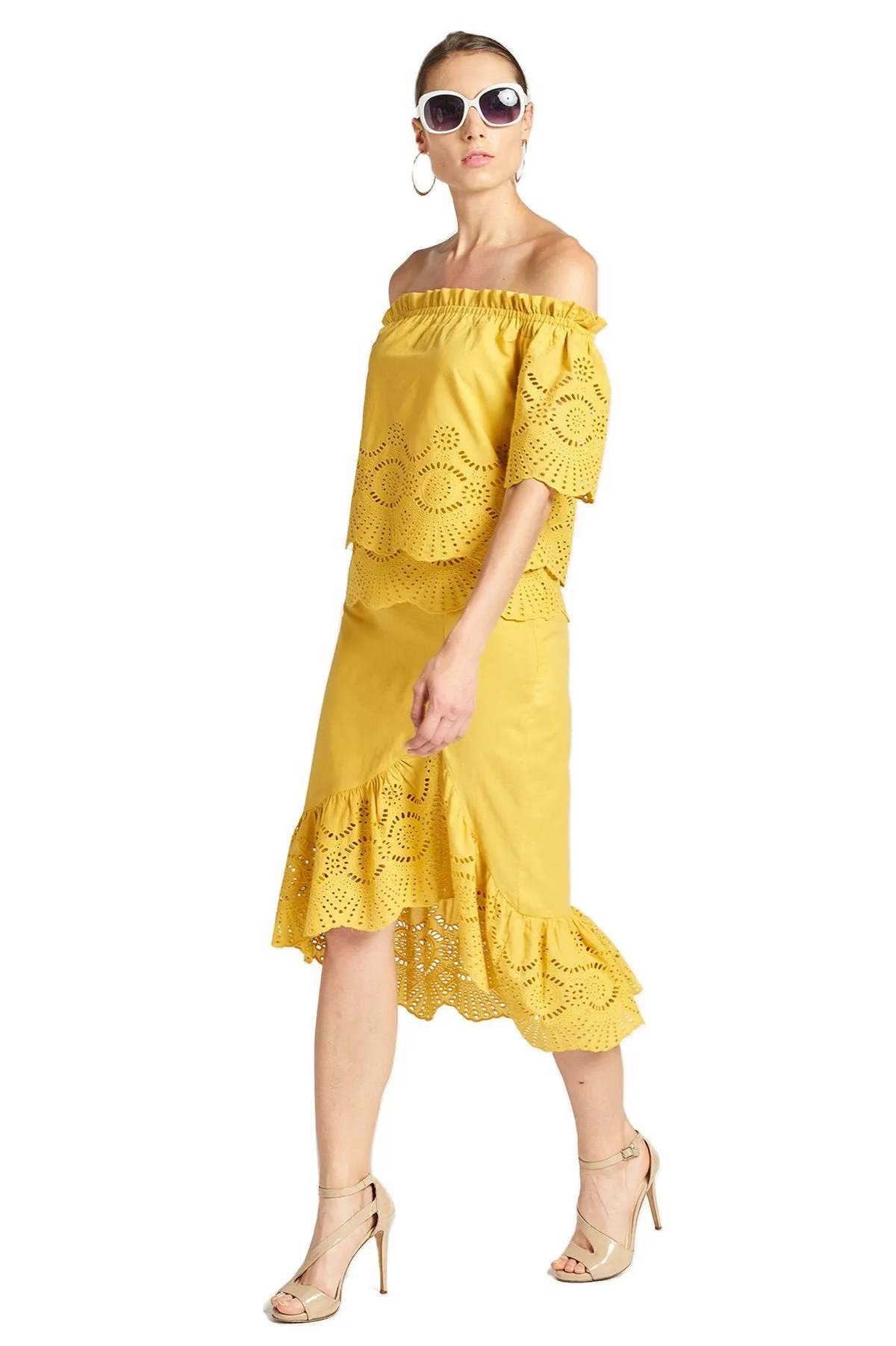 Aster Skirt - Cotton Eyelet Asymmetric Hi-Lo Skirt (Marigold)