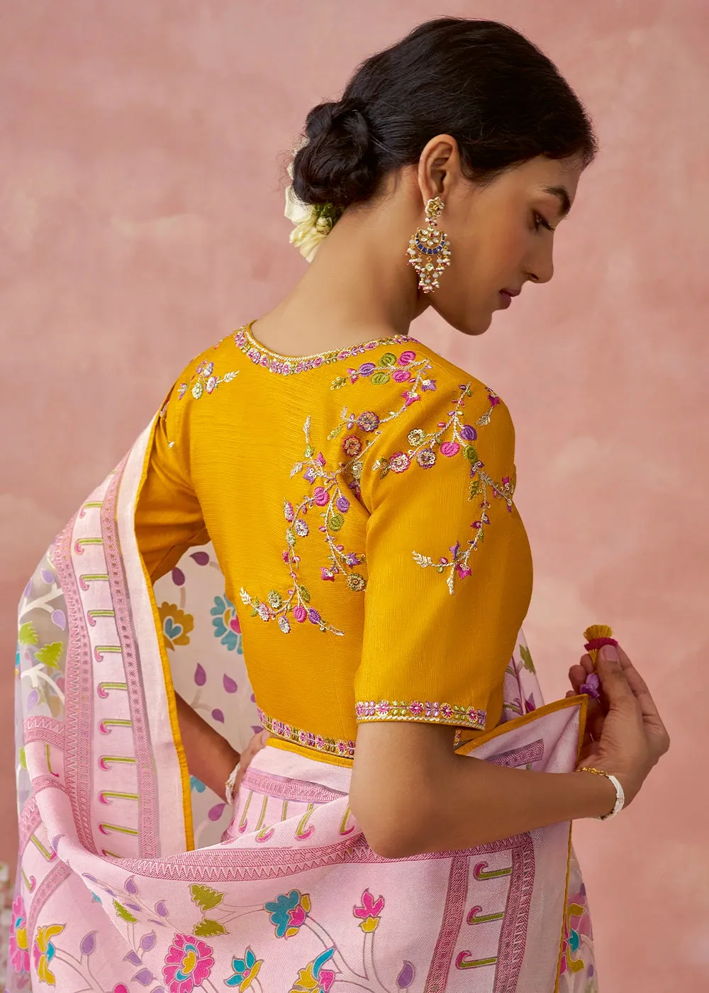 Baby Pink Brasso Organza Saree with Designer Embroidered Blouse