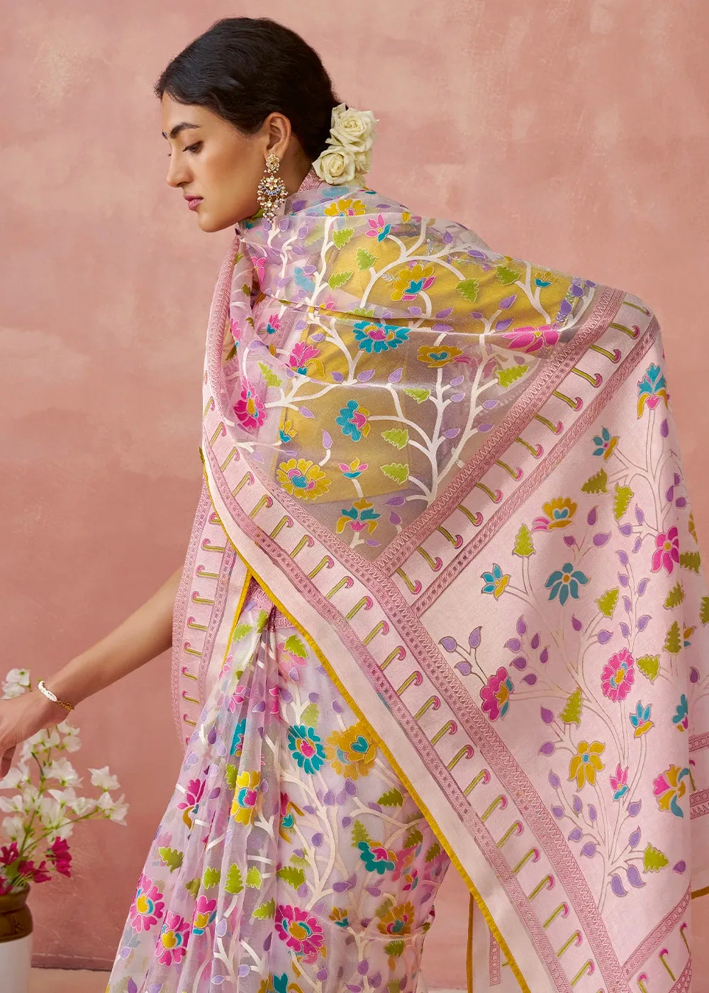 Baby Pink Brasso Organza Saree with Designer Embroidered Blouse