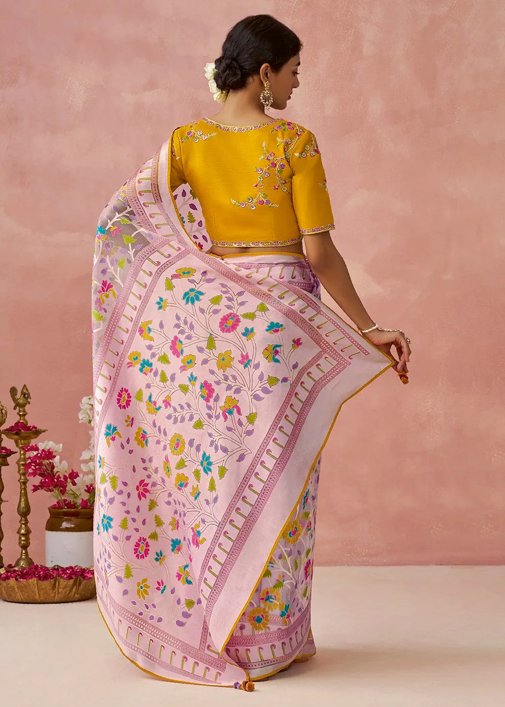 Baby Pink Brasso Organza Saree with Designer Embroidered Blouse
