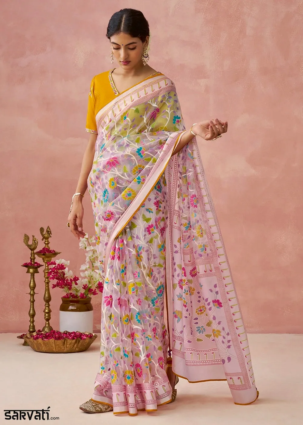 Baby Pink Brasso Organza Saree with Designer Embroidered Blouse