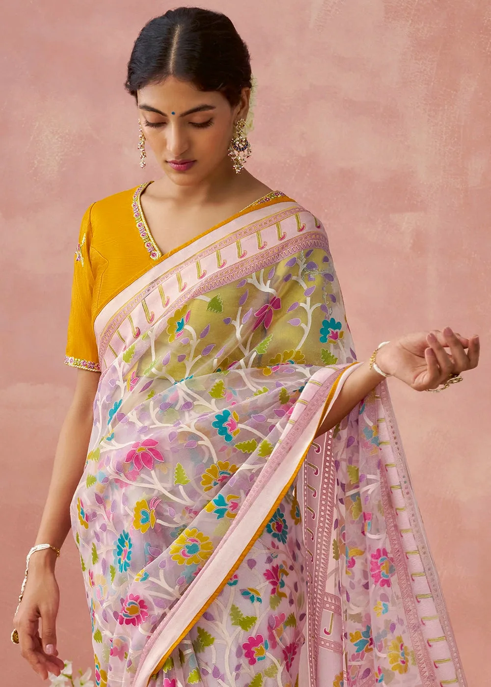 Baby Pink Brasso Organza Saree with Designer Embroidered Blouse
