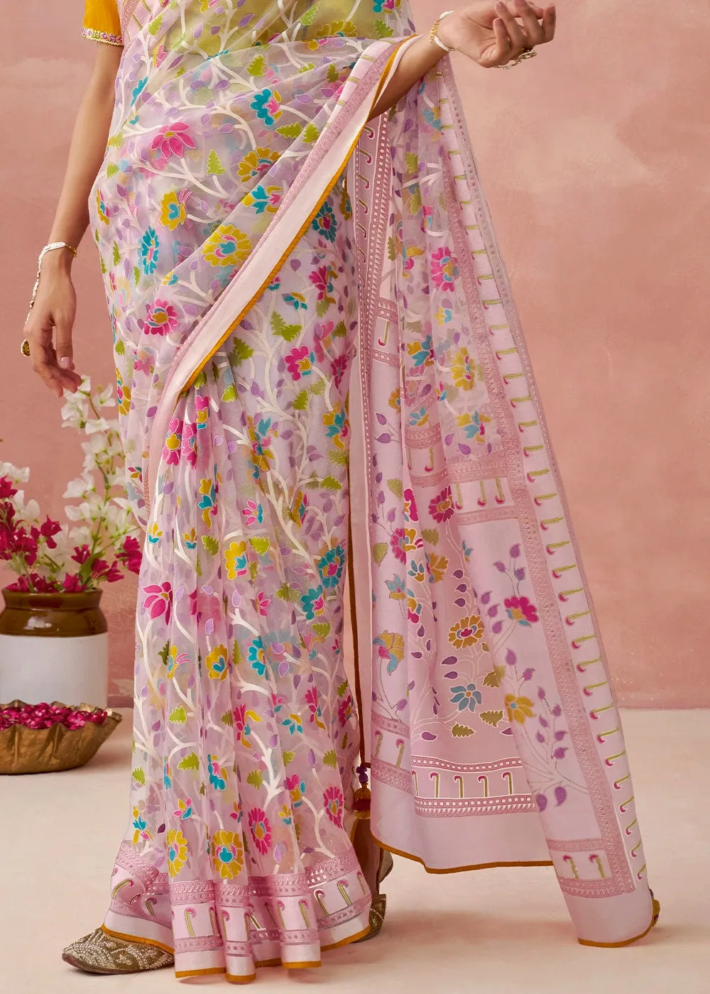 Baby Pink Brasso Organza Saree with Designer Embroidered Blouse
