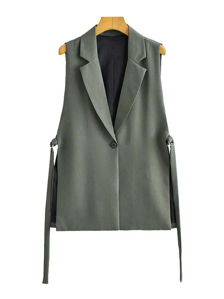Back To School Joskaa Women Fashion With Taps Side Vents Waistcoat Vintage Sleeveless Front Button Female Outerwear Chic Vest Tops