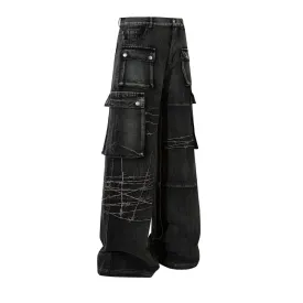 Barb Wire Embroidered Wide-Leg Black Denim Cargo Jeans