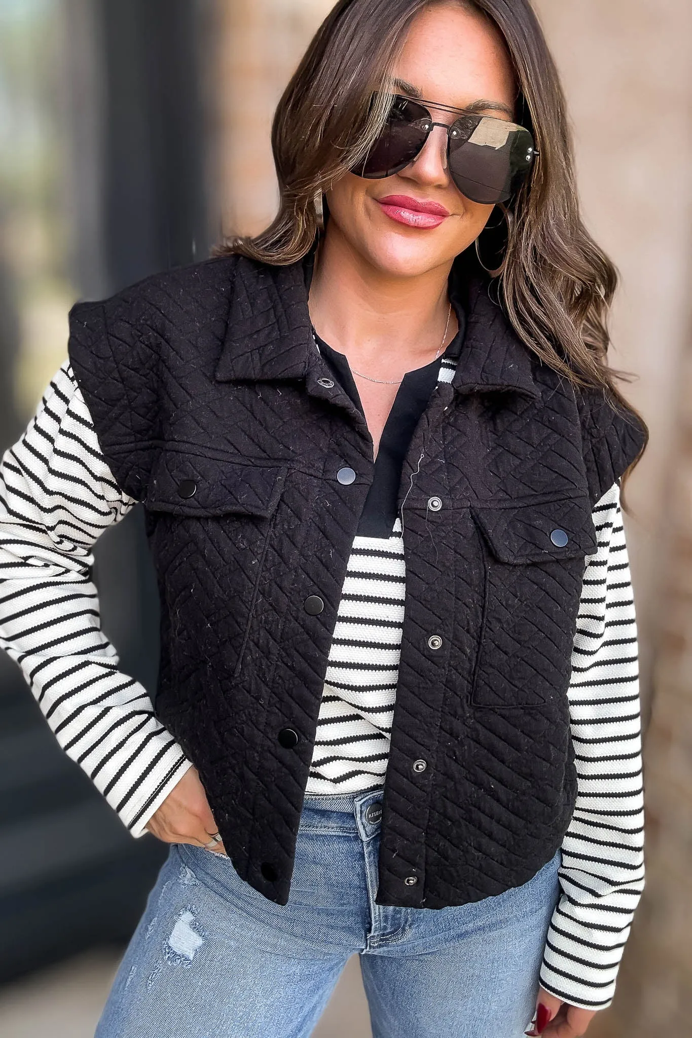 Black Quilted Point Collar Flap Patched Pocket Vest