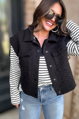 Black Quilted Point Collar Flap Patched Pocket Vest