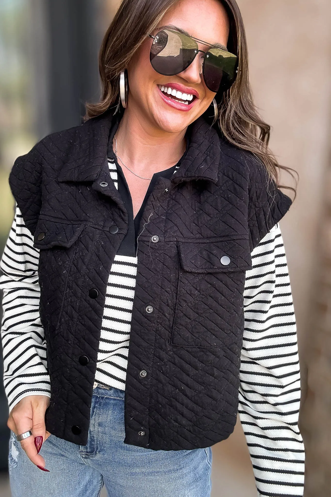 Black Quilted Point Collar Flap Patched Pocket Vest