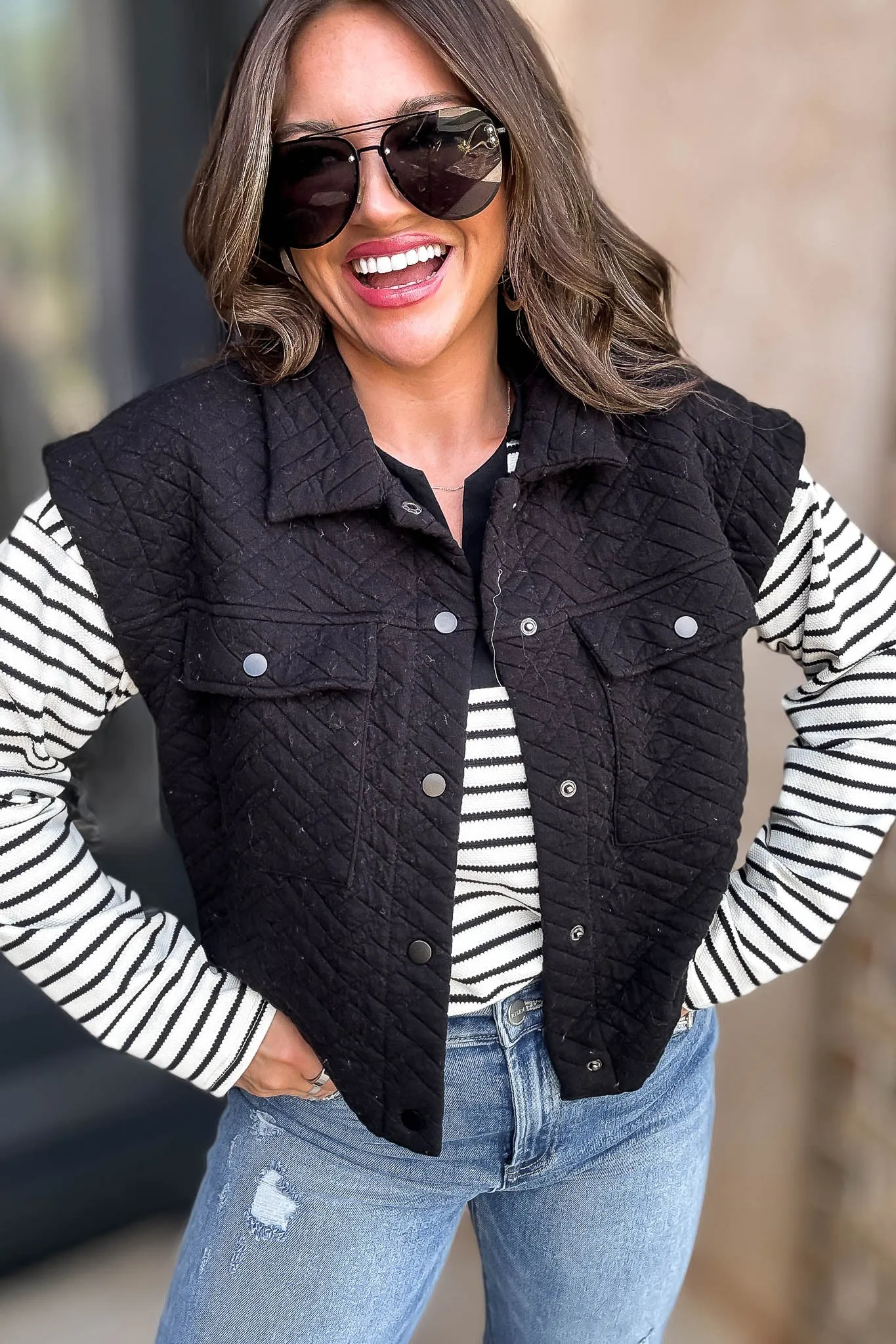 Black Quilted Point Collar Flap Patched Pocket Vest