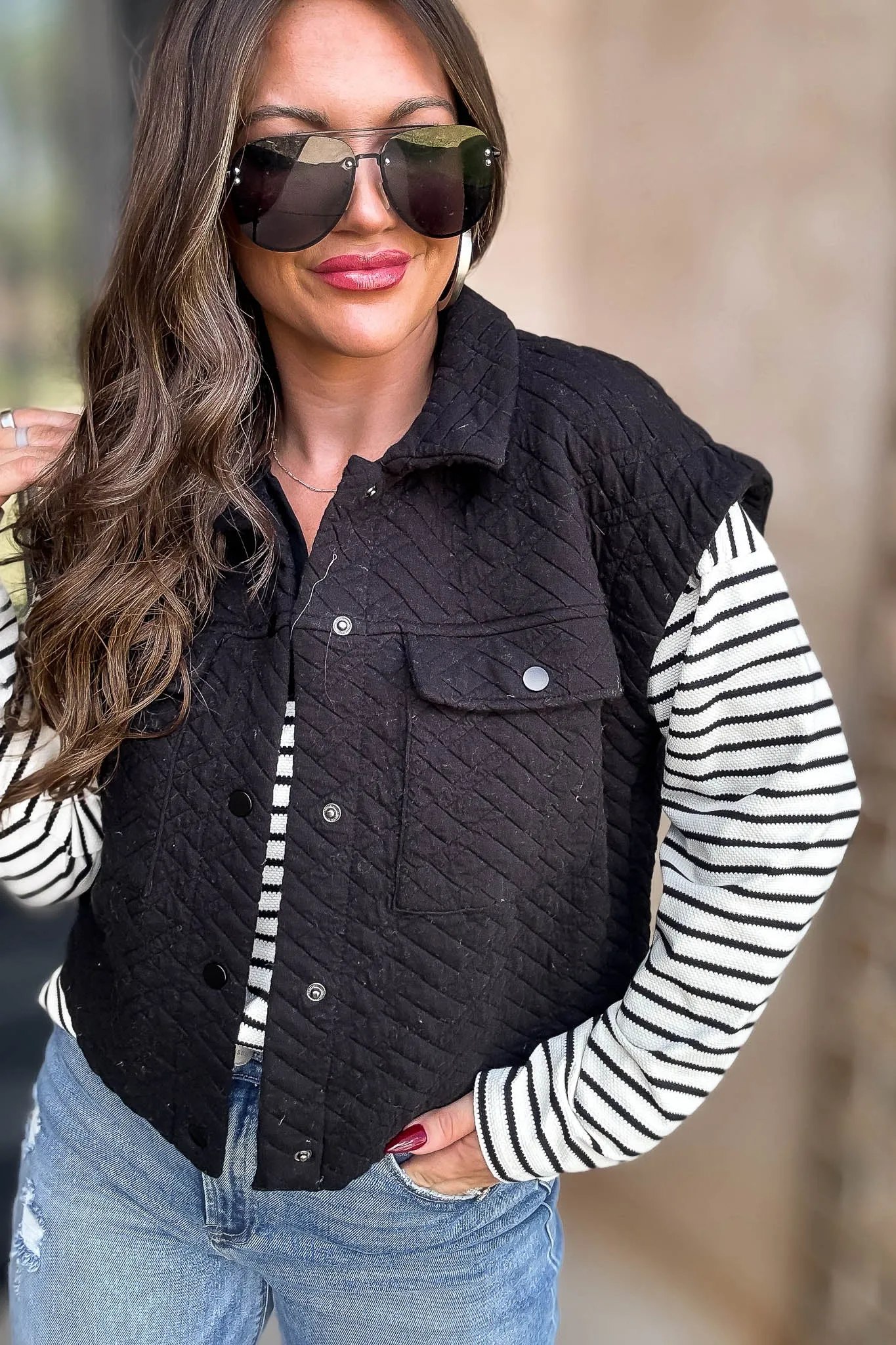 Black Quilted Point Collar Flap Patched Pocket Vest