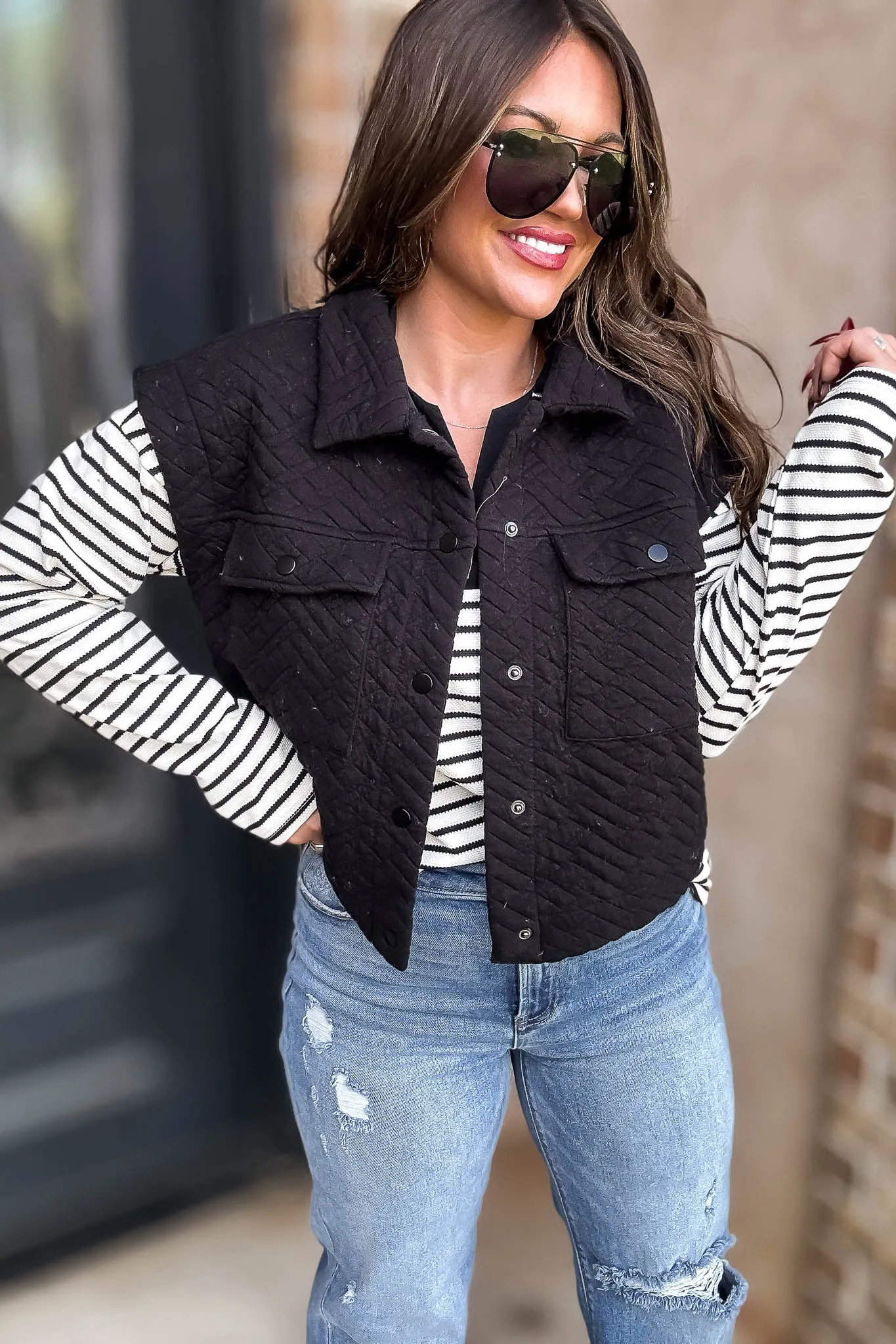 Black Quilted Point Collar Flap Patched Pocket Vest