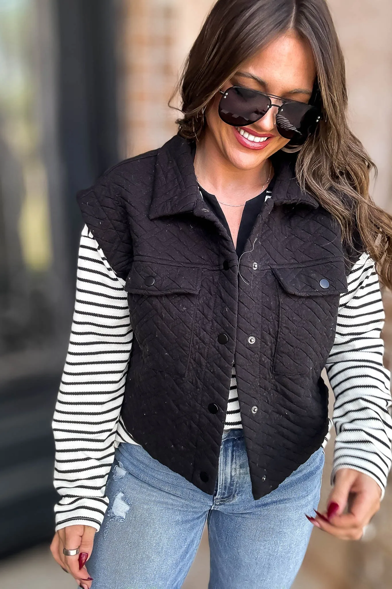 Black Quilted Point Collar Flap Patched Pocket Vest