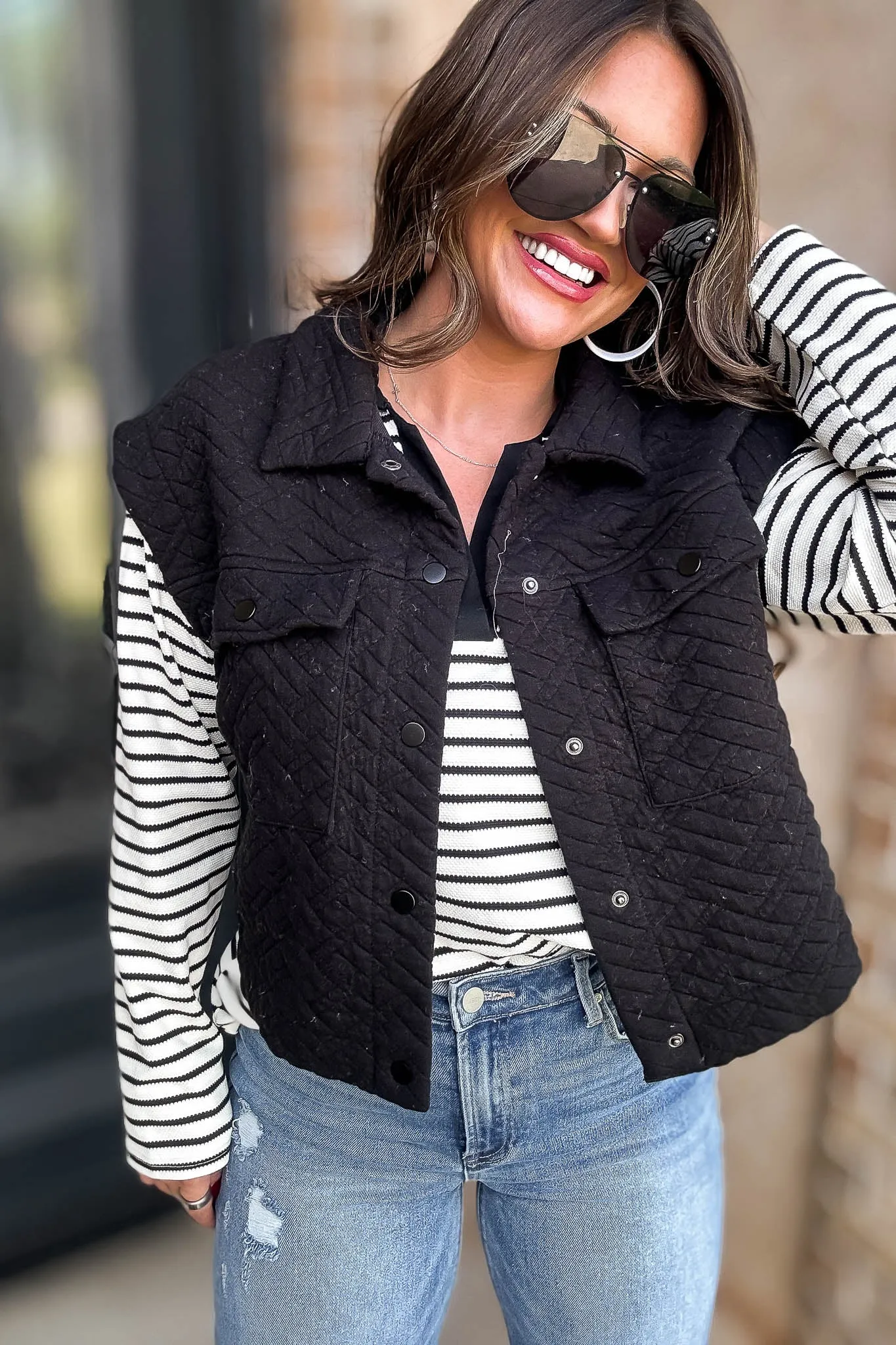 Black Quilted Point Collar Flap Patched Pocket Vest