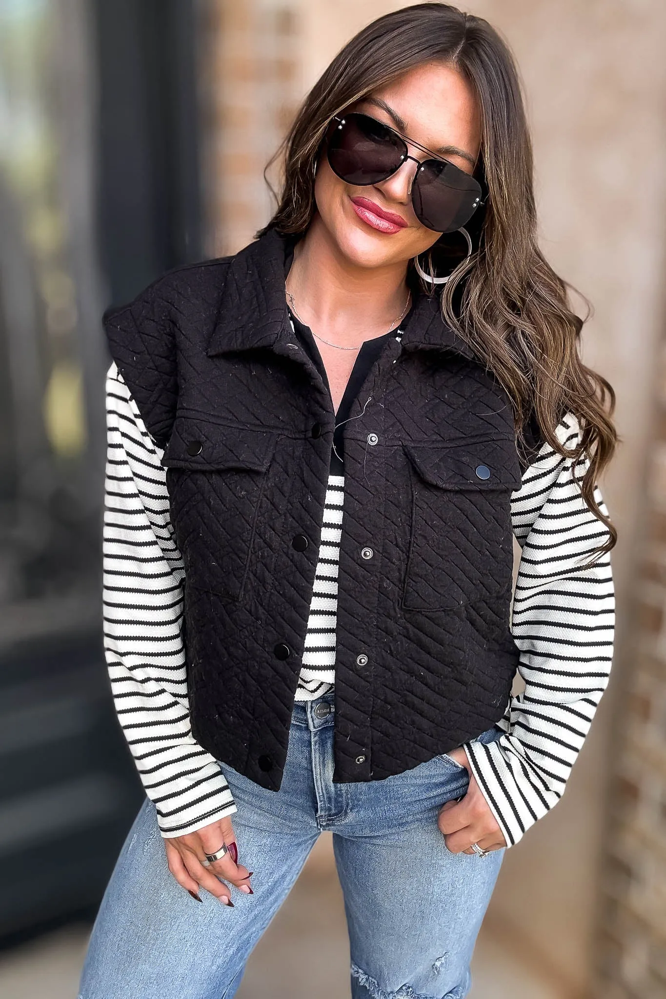 Black Quilted Point Collar Flap Patched Pocket Vest