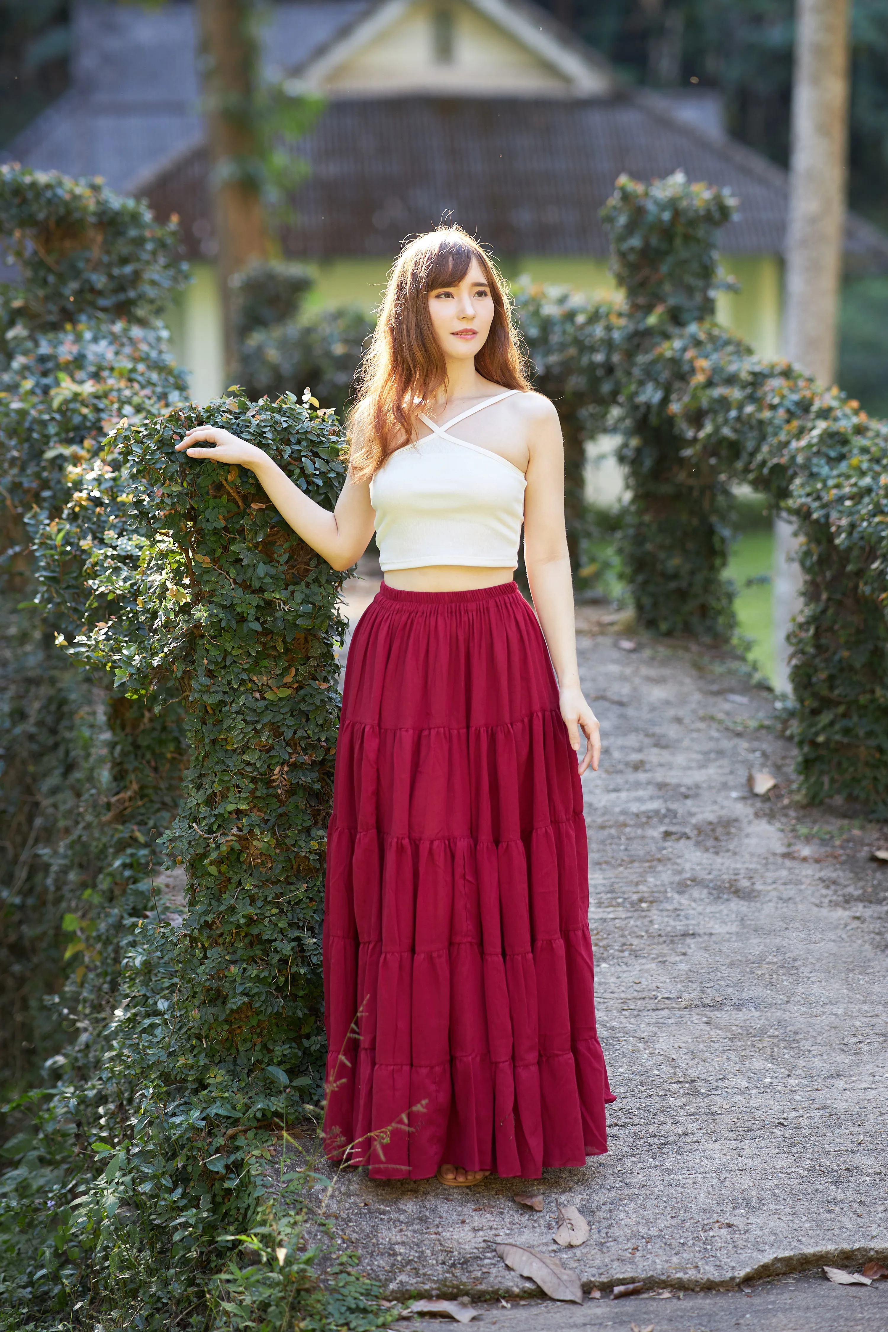 Burgundy Long Cotton Ruffle Maxi Skirt