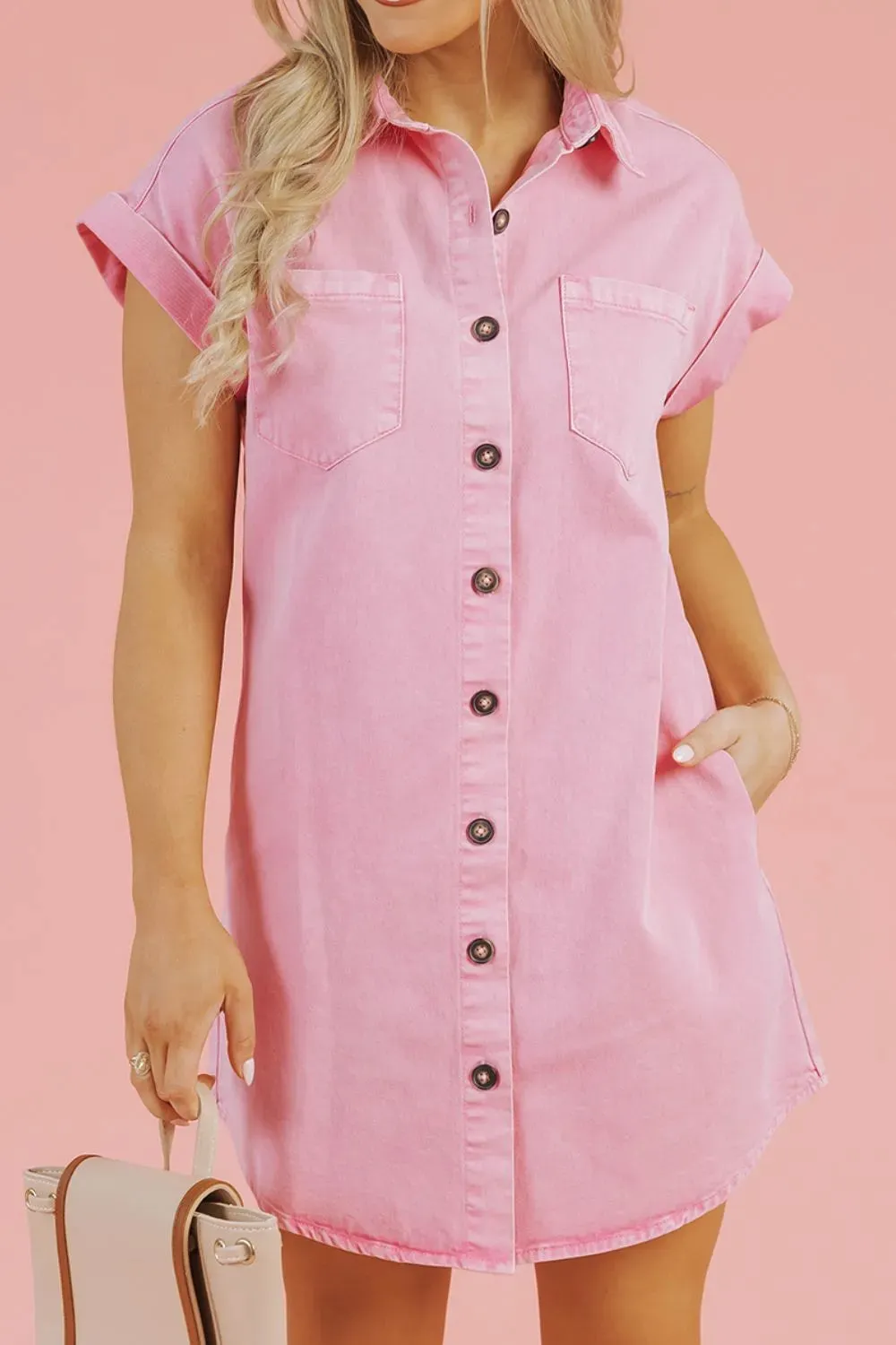 Button Down Short Sleeve Denim Dress