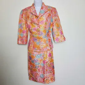 Carmen Marc Valvo Signature Peach Floral Pattern, Beaded Sequin 2-Piece Skirt Suit Set, Women's Size 10