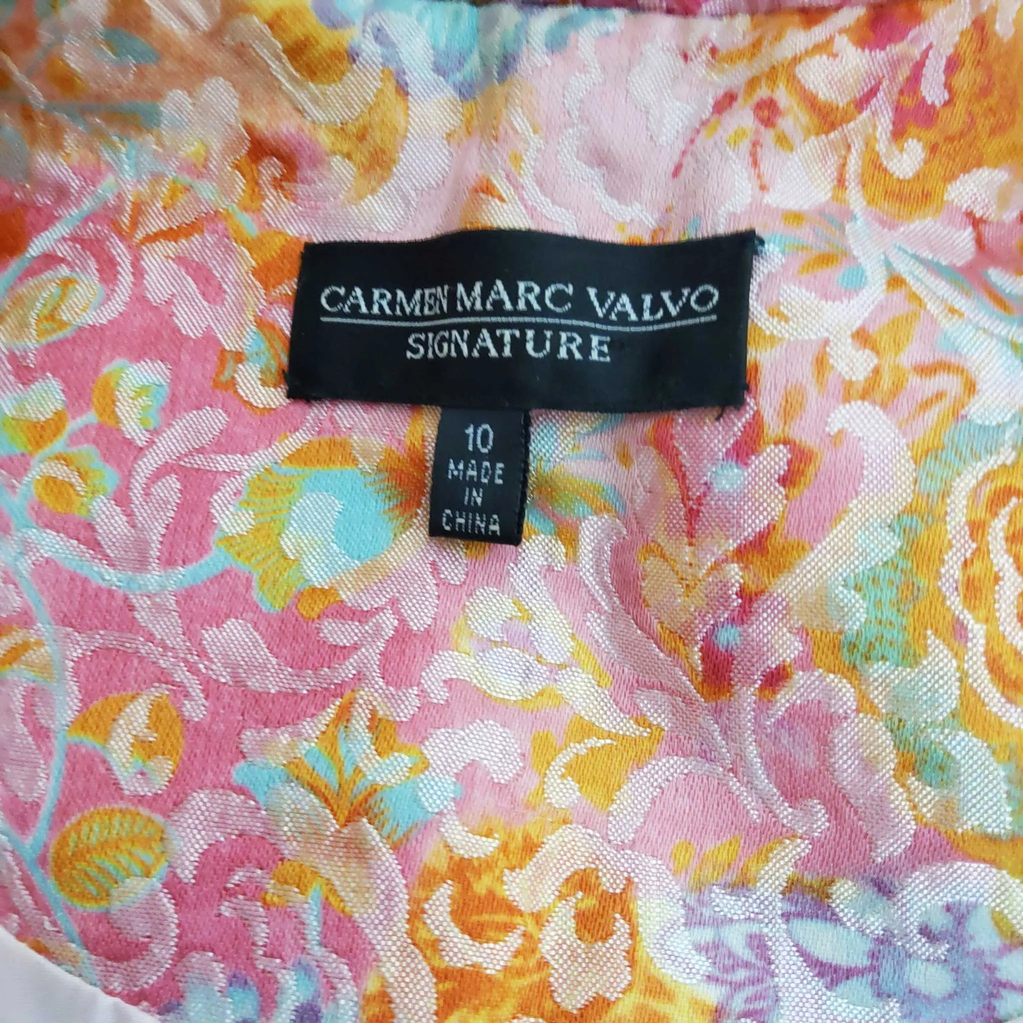 Carmen Marc Valvo Signature Peach Floral Pattern, Beaded Sequin 2-Piece Skirt Suit Set, Women's Size 10