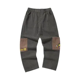 Cartoon embroidered logo color pocket elastic waist loose straight leg cotton casual pants