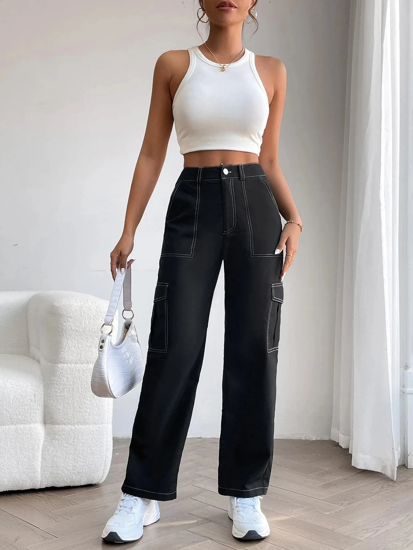 Casual Top Stitching Cargo Pants