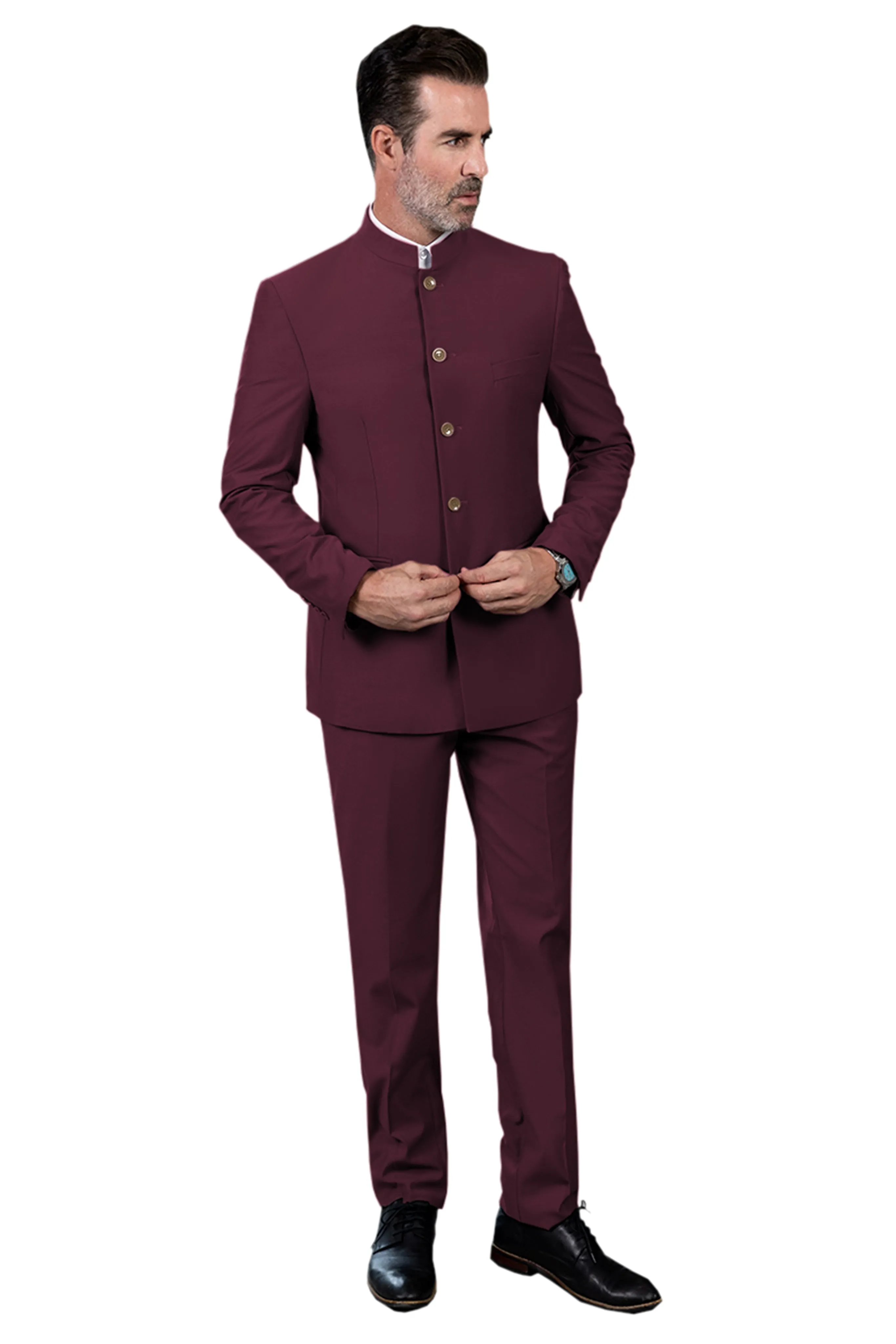 Classic 2 Piece Men's Slim Fit Solid Color Stand Collar Wedding Suit (Blazer Pants）