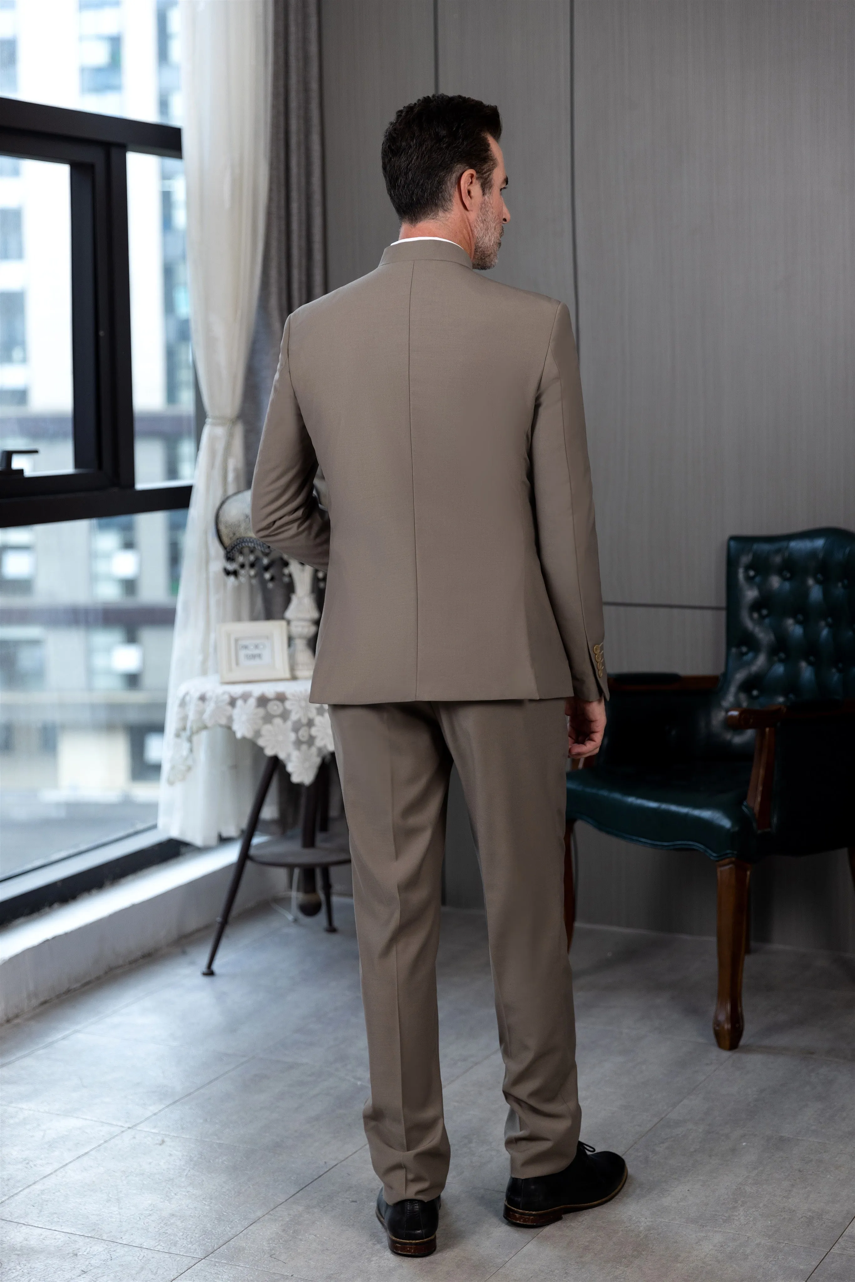 Classic 2 Piece Men's Slim Fit Solid Color Stand Collar Wedding Suit (Blazer Pants）
