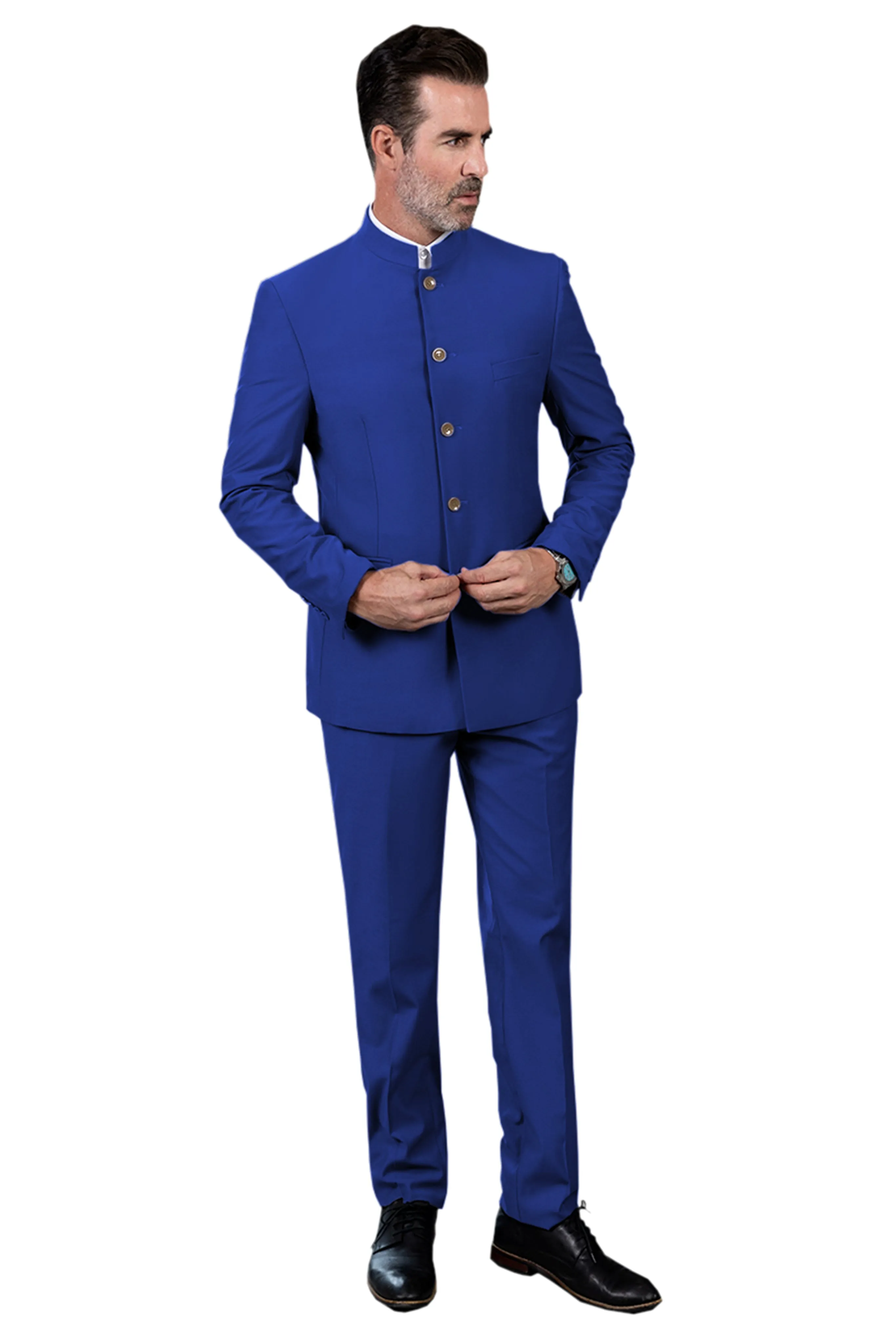 Classic 2 Piece Men's Slim Fit Solid Color Stand Collar Wedding Suit (Blazer Pants）