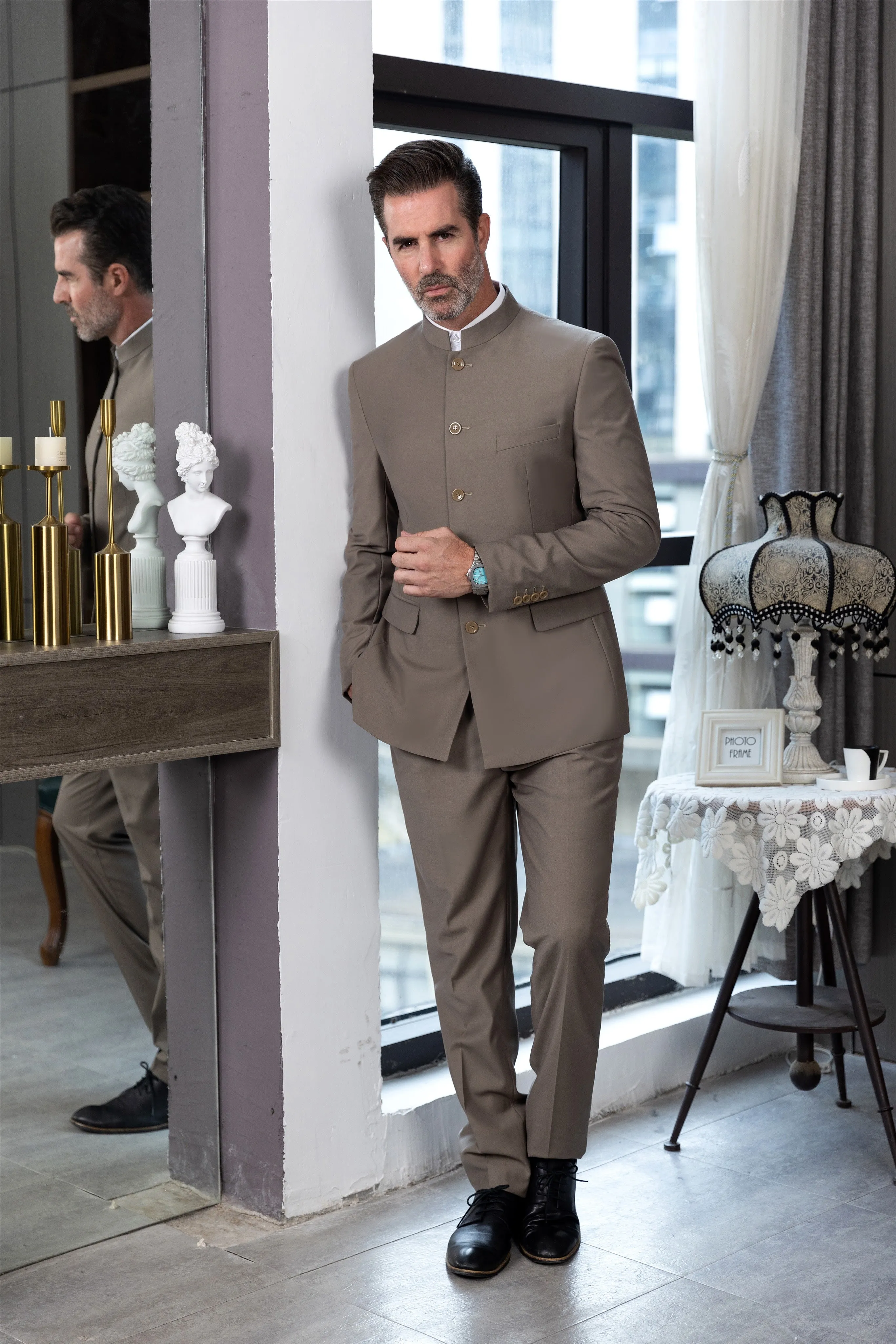Classic 2 Piece Men's Slim Fit Solid Color Stand Collar Wedding Suit (Blazer Pants）
