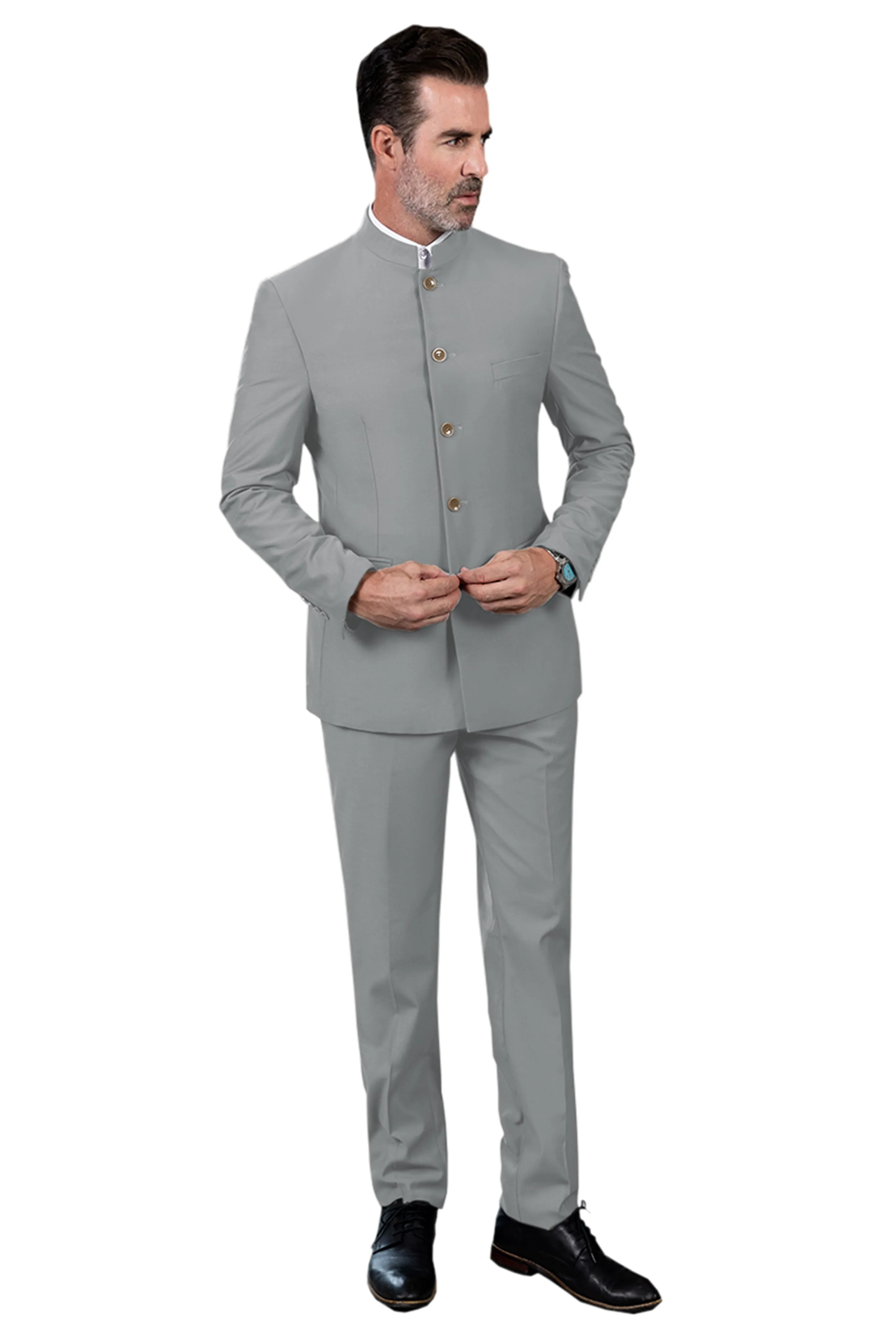 Classic 2 Piece Men's Slim Fit Solid Color Stand Collar Wedding Suit (Blazer Pants）
