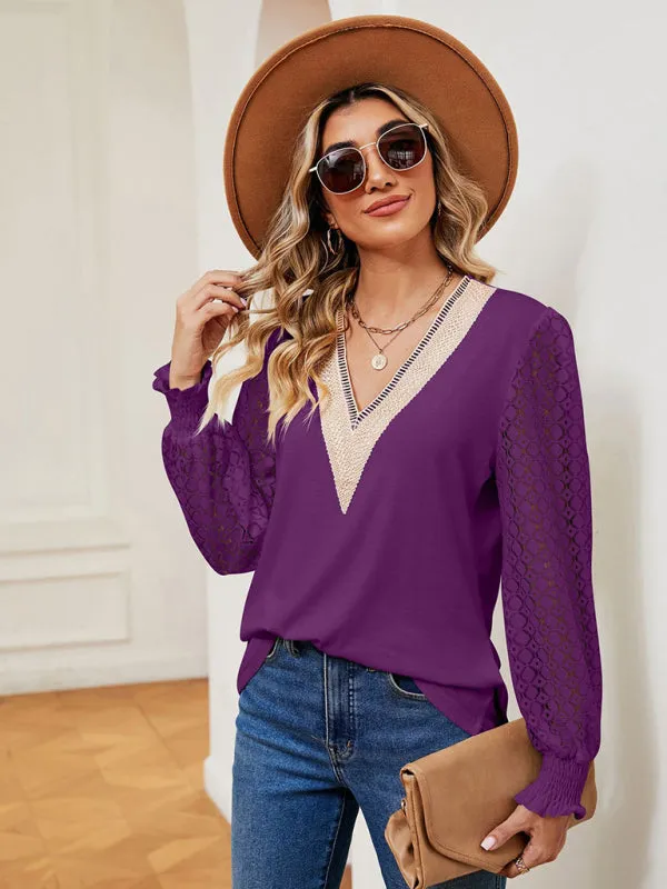 Coralie V-Neck Lace Patchwork Hollow Long-Sleeved Loose Top T-Shirt